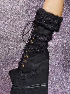Plus Size Mid Calf Boots Micro Suede Upper Round Toe Wedge Heel Boots