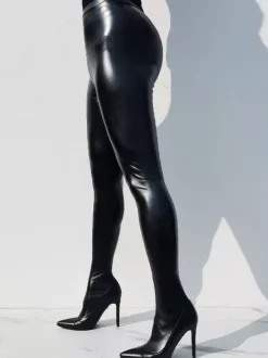 Plus Size Pants Shoes Black PU Leather Stiletto Heel Over The Knee Boots