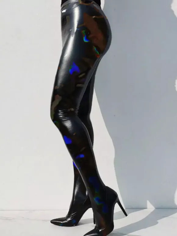Plus Size Pants Shoes Black PU Leather Stiletto Heel Over The Knee Boots