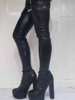 Plus Size Platform Chunky Heel Thigh High Boots in Black