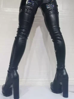 Plus Size Platform Chunky Heel Thigh High Boots in Black