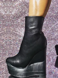 Plus Size PU Leather Round Toe Wedge Heel Ankle Boots