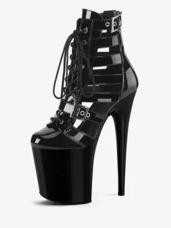 Plus Size Sexy Boots Round Toe Zipper Buckle Artwork Stiletto Heel Cut Out Pole Dance Shoes
