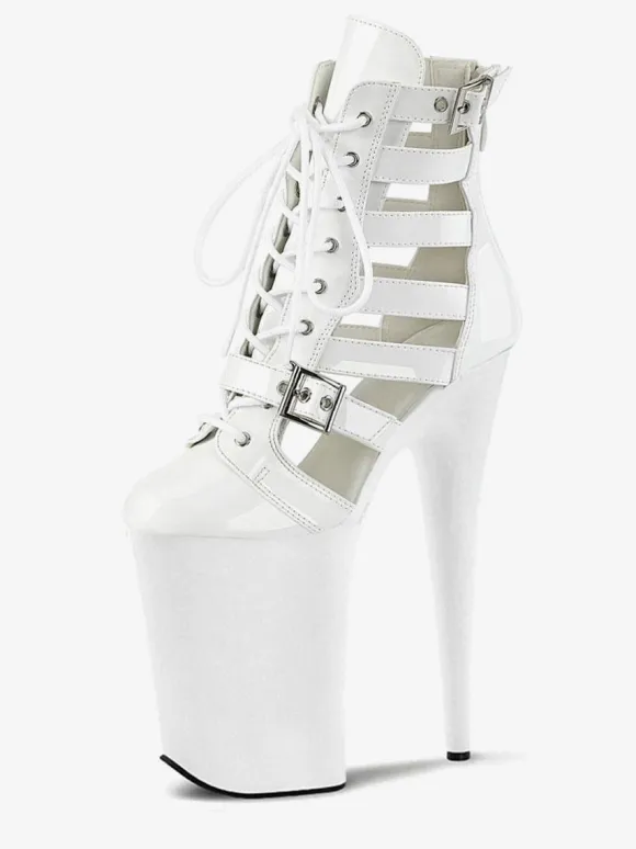 Plus Size Sexy Boots Round Toe Zipper Buckle Artwork Stiletto Heel Cut Out Pole Dance Shoes