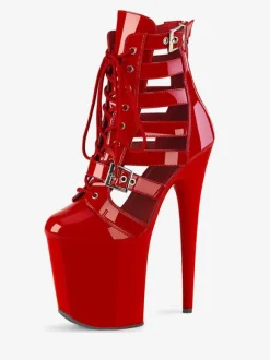 Plus Size Sexy Boots Round Toe Zipper Buckle Artwork Stiletto Heel Cut Out Pole Dance Shoes