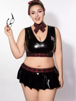 Plus Size Sexy Costume School Girl Women's Mini Skirt Top Halloween Outfit