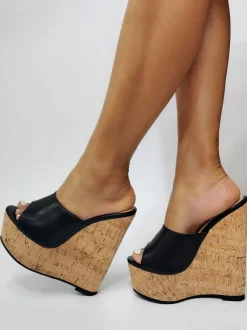 Plus Size Sexy High Heel Sandals Black PU Leather Wedge Heel Sexy Shoes Plus Size Shoes