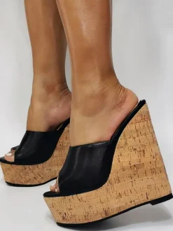 Plus Size Sexy High Heel Sandals Black PU Leather Wedge Heel Sexy Shoes Plus Size Shoes