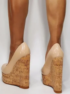 Plus Size Sexy High Heels Flesh Color Patent PU Leather Peep Toe Wedge Heel Sexy Shoes Plus Size Shoes