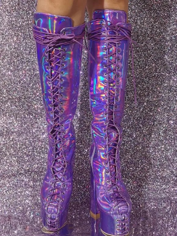 Plus Size Sexy Platform Chunky Heel Knee High Boots Metallic Lace Up Boots