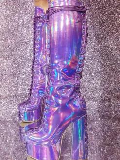 Plus Size Sexy Platform Chunky Heel Knee High Boots Metallic Lace Up Boots