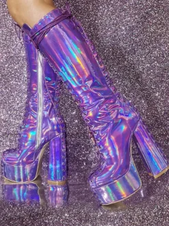 Plus Size Sexy Platform Chunky Heel Knee High Boots Metallic Lace Up Boots