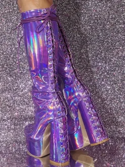 Plus Size Sexy Platform Chunky Heel Knee High Boots Metallic Lace Up Boots