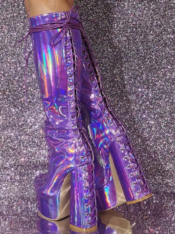 Plus Size Sexy Platform Chunky Heel Knee High Boots Metallic Lace Up Boots