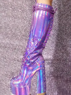 Plus Size Sexy Platform Chunky Heel Knee High Boots Metallic Lace Up Boots