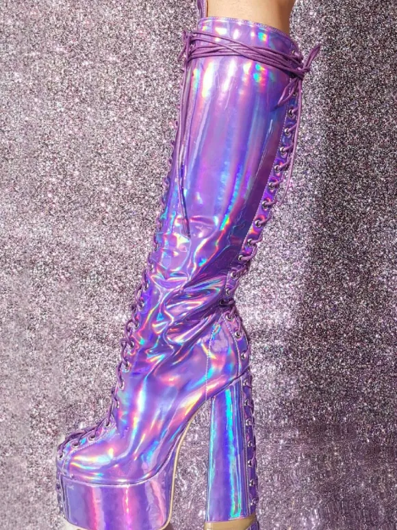 Plus Size Sexy Platform Chunky Heel Knee High Boots Metallic Lace Up Boots