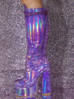 Plus Size Sexy Platform Chunky Heel Knee High Boots Metallic Lace Up Boots