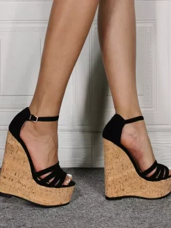 Plus Size Sexy Sandals Black Micro Suede Upper Open Toe Stiletto Heel Sexy Shoes Plus Size Shoes