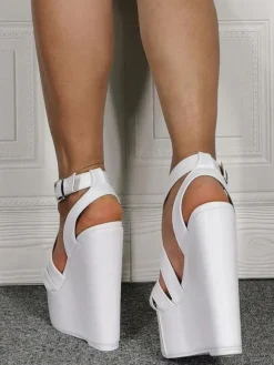 Plus Size Sexy Sandals White PU Leather Wedge Heel Sexy High Heel Shoes Plus Size Shoes