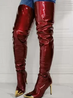 Plus Size Stiletto Heel Thigh High Boots in Burgundy Patent Bright Leather