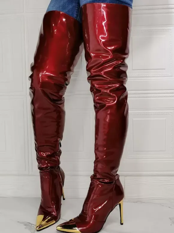 Plus Size Stiletto Heel Thigh High Boots in Burgundy Patent Bright Leather
