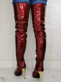 Plus Size Stiletto Heel Thigh High Boots in Burgundy Patent Bright Leather
