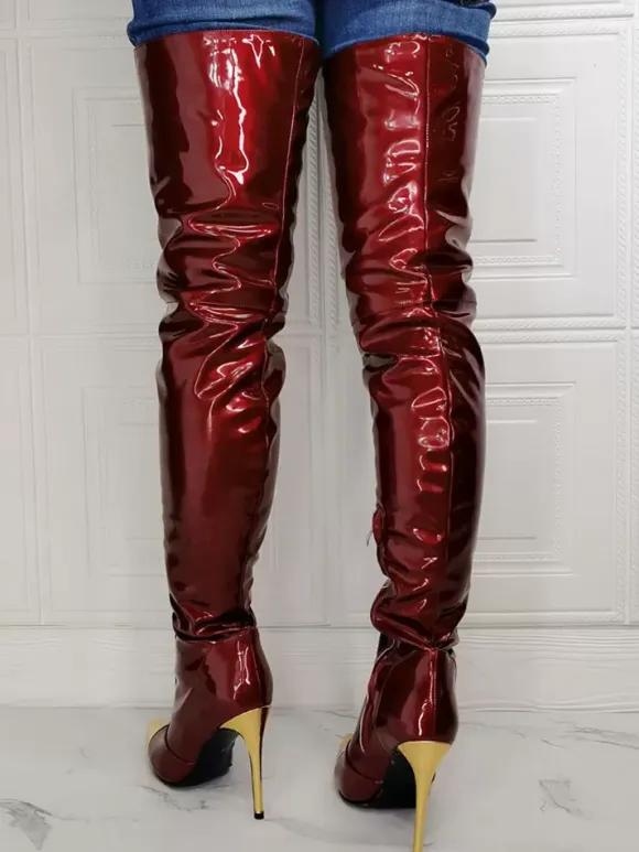 Plus Size Stiletto Heel Thigh High Boots in Burgundy Patent Bright Leather