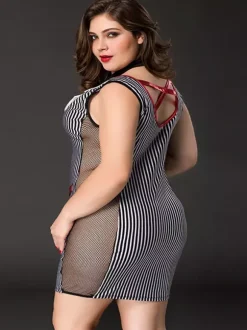 Plus Size Teacher Secretary Costume Dress Shaping Striped Mesh Bodycon