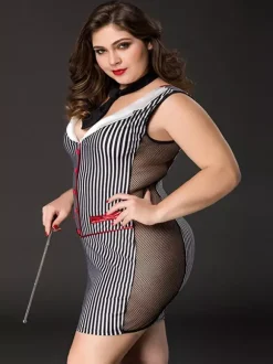 Plus Size Teacher Secretary Costume Dress Shaping Striped Mesh Bodycon
