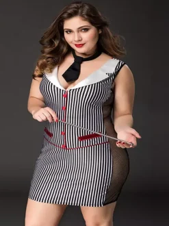 Plus Size Teacher Secretary Costume Dress Shaping Striped Mesh Bodycon