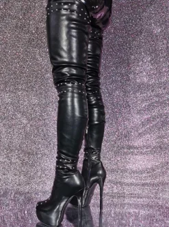 Plus Size Thigh Boots Round Toe Stiletto Heel PU Leather