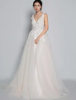 Plus Size Wedding Dresses 2026 Tulle Deep V Neck A Line Sleeveless Multilayer Tulle Lace Applique Classic Bridal Gowns With Train