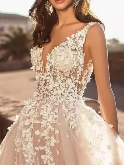 Plus Size Wedding Dresses 2026 Tulle Deep V Neck A Line Sleeveless Multilayer Tulle Lace Applique Classic Bridal Gowns With Train