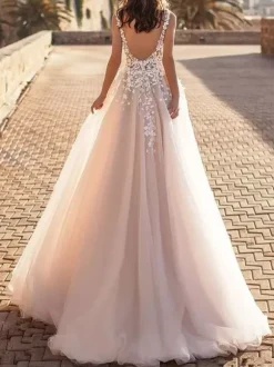 Plus Size Wedding Dresses 2026 Tulle Deep V Neck A Line Sleeveless Multilayer Tulle Lace Applique Classic Bridal Gowns With Train