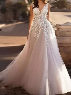 Plus Size Wedding Dresses 2026 Tulle Deep V Neck A Line Sleeveless Multilayer Tulle Lace Applique Classic Bridal Gowns With Train