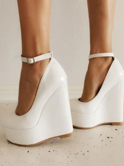 Plus Size Wedge Heels Sexy Shoes Round Toe Patent Leather Wedges
