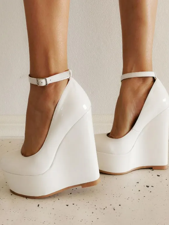 Plus Size Wedge Heels Sexy Shoes Round Toe Patent Leather Wedges