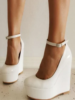 Plus Size Wedge Heels Sexy Shoes Round Toe Patent Leather Wedges
