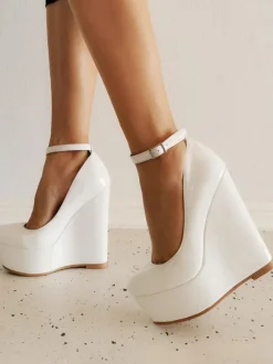 Plus Size Wedge Heels Sexy Shoes Round Toe Patent Leather Wedges