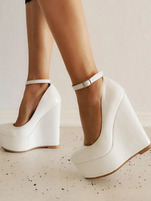 Plus Size Wedge Heels Sexy Shoes Round Toe Patent Leather Wedges