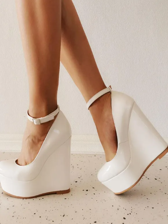 Plus Size Wedge Heels Sexy Shoes Round Toe Patent Leather Wedges
