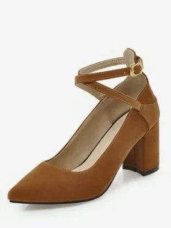 Pointed Toe Chunky Heels Suede Burgundy Crisscross Pumps For Women