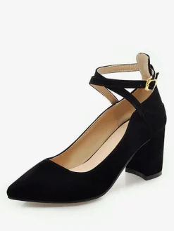 Pointed Toe Chunky Heels Suede Burgundy Crisscross Pumps For Women