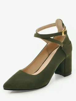 Pointed Toe Chunky Heels Suede Burgundy Crisscross Pumps For Women