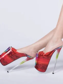 Pole Dance Shoes High Heel Sexy Sandals Red Leather Peep Toe Laser Sexy Shoes Stripper Shoes