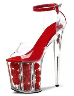 Pole Dance Shoes Red Clear Sky High Platform Xmas Sandals Peep Toe Flowers Roses Stripper Shoes