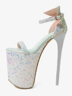 Pole Dance Shoes Sexy Sandals For Woman Pink Sequined Cloth Open Toe Stiletto Heel Sequins Ankle Strap Heels Stripper Shoes