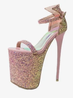Pole Dance Shoes Sexy Sandals For Woman Pink Sequined Cloth Open Toe Stiletto Heel Sequins Ankle Strap Heels Stripper Shoes
