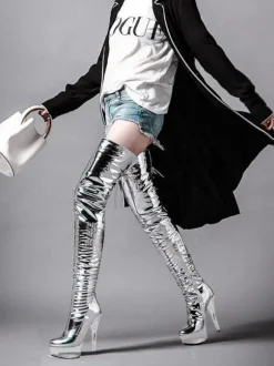 Pole Dance Shoes Women's Metallic Platform Sexy Thigh High Heel Boots