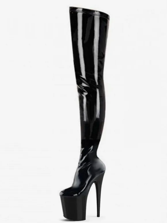 Pole Dance Shoes Women's Sexy Thigh High Heel Boots Stretch Platform Stiletto Heel Stripper Shoes in Black